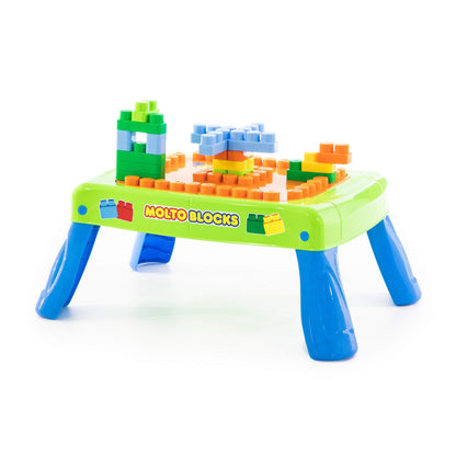Set Masuta cu blocuri de construit MoltoBlocks idealSTORE, Dimensiuni 64 x 46 x 27 cm, Include 20 de blocuri de diferite culori, Loc pentru depozitarea blocurilor, Ajuta la cresterea indemanarii si a imaginatiei, Culoare Verde- Albastru