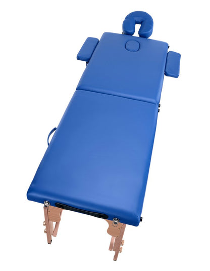 Masa de masaj Pliabila idealSTORE BLUE, Inaltime reglabila, Include geanta de transport, Cotiera, Tetiera, Sarcina MAX 250 KG