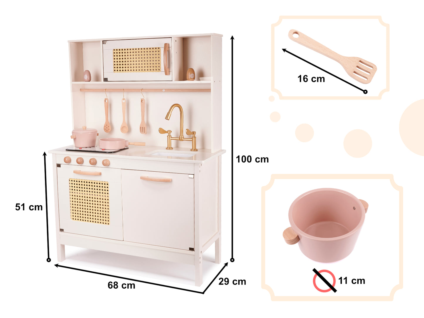 Bucatarie din lemn Natural Multifunctionala Smart Kitchen idealSTORE, Material MDF, Dimensiuni 100 x 29 x 68 cm, Echipata cu Efecte luminoase si Sonore, Utilata cu Robinet cu Butonae, Chiuveta, Cuptor cu Grila, Oale, Tigai, Spatula, Vopsea Non-Toxica