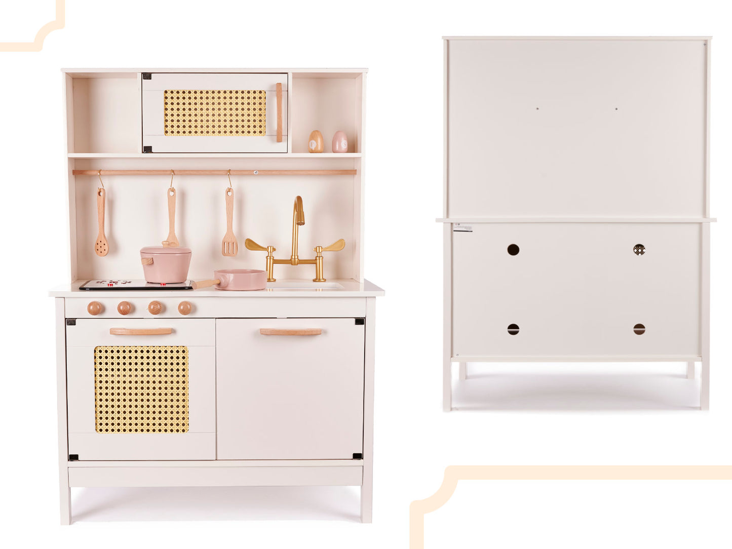 Bucatarie din lemn Natural Multifunctionala Smart Kitchen idealSTORE, Material MDF, Dimensiuni 100 x 29 x 68 cm, Echipata cu Efecte luminoase si Sonore, Utilata cu Robinet cu Butonae, Chiuveta, Cuptor cu Grila, Oale, Tigai, Spatula, Vopsea Non-Toxica