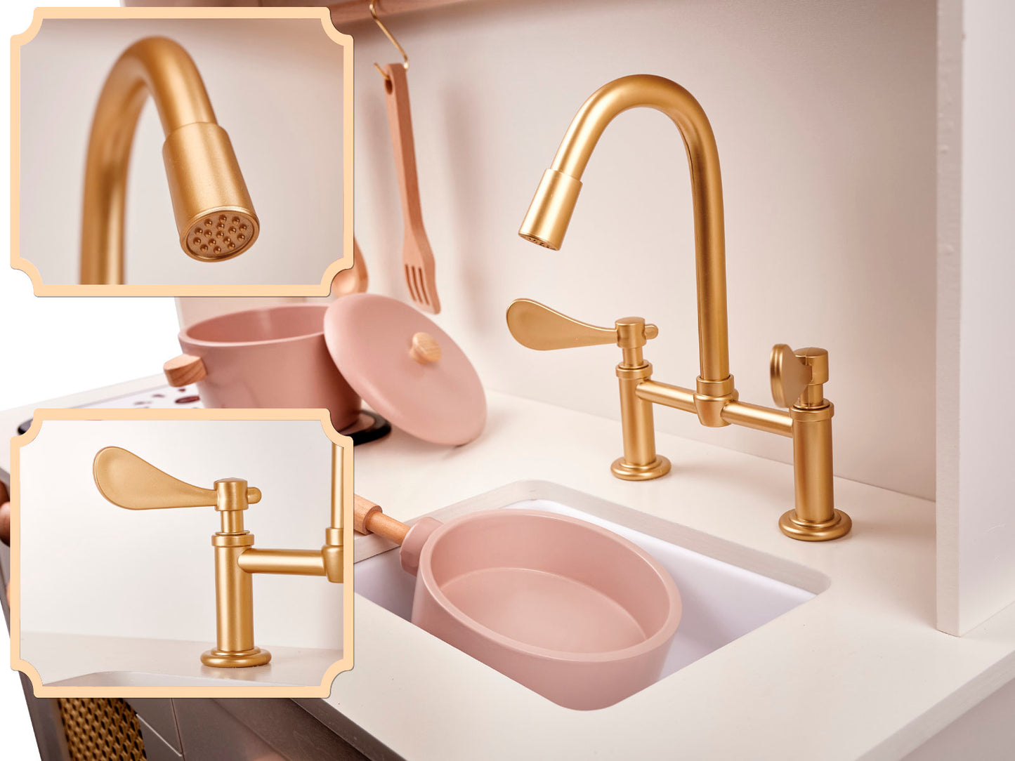 Bucatarie din lemn Natural Multifunctionala Smart Kitchen idealSTORE, Material MDF, Dimensiuni 100 x 29 x 68 cm, Echipata cu Efecte luminoase si Sonore, Utilata cu Robinet cu Butonae, Chiuveta, Cuptor cu Grila, Oale, Tigai, Spatula, Vopsea Non-Toxica