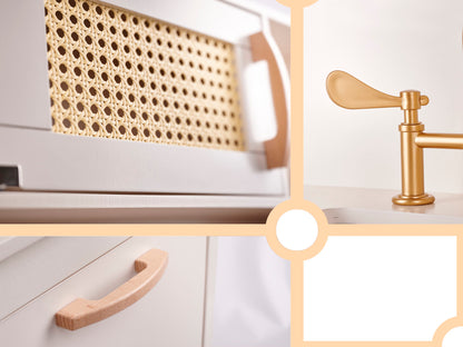 Bucatarie din lemn Natural Multifunctionala Smart Kitchen idealSTORE, Material MDF, Dimensiuni 100 x 29 x 68 cm, Echipata cu Efecte luminoase si Sonore, Utilata cu Robinet cu Butonae, Chiuveta, Cuptor cu Grila, Oale, Tigai, Spatula, Vopsea Non-Toxica