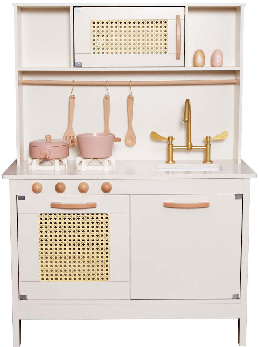 Bucatarie din lemn Natural Multifunctionala Smart Kitchen idealSTORE, Material MDF, Dimensiuni 100 x 29 x 68 cm, Echipata cu Efecte luminoase si Sonore, Utilata cu Robinet cu Butonae, Chiuveta, Cuptor cu Grila, Oale, Tigai, Spatula, Vopsea Non-Toxica