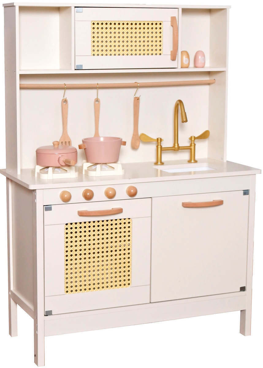 Bucatarie din lemn Natural Multifunctionala Smart Kitchen idealSTORE, Material MDF, Dimensiuni 100 x 29 x 68 cm, Echipata cu Efecte luminoase si Sonore, Utilata cu Robinet cu Butonae, Chiuveta, Cuptor cu Grila, Oale, Tigai, Spatula, Vopsea Non-Toxica