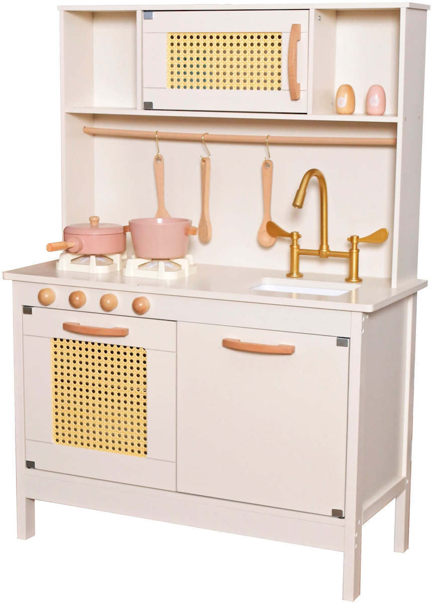 Bucatarie din lemn Natural Multifunctionala Smart Kitchen idealSTORE, Material MDF, Dimensiuni 100 x 29 x 68 cm, Echipata cu Efecte luminoase si Sonore, Utilata cu Robinet cu Butonae, Chiuveta, Cuptor cu Grila, Oale, Tigai, Spatula, Vopsea Non-Toxica