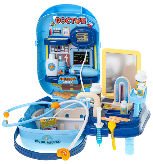 Trusa Medicala idealStore Rescue Doctor, Contine toate intrumentele de Prim Ajutor, Medicamente, Ustensile pentru Pediatrie si Ortopedie, Recipiente, Etichete Autocolante, 34 componente, stil Valiza