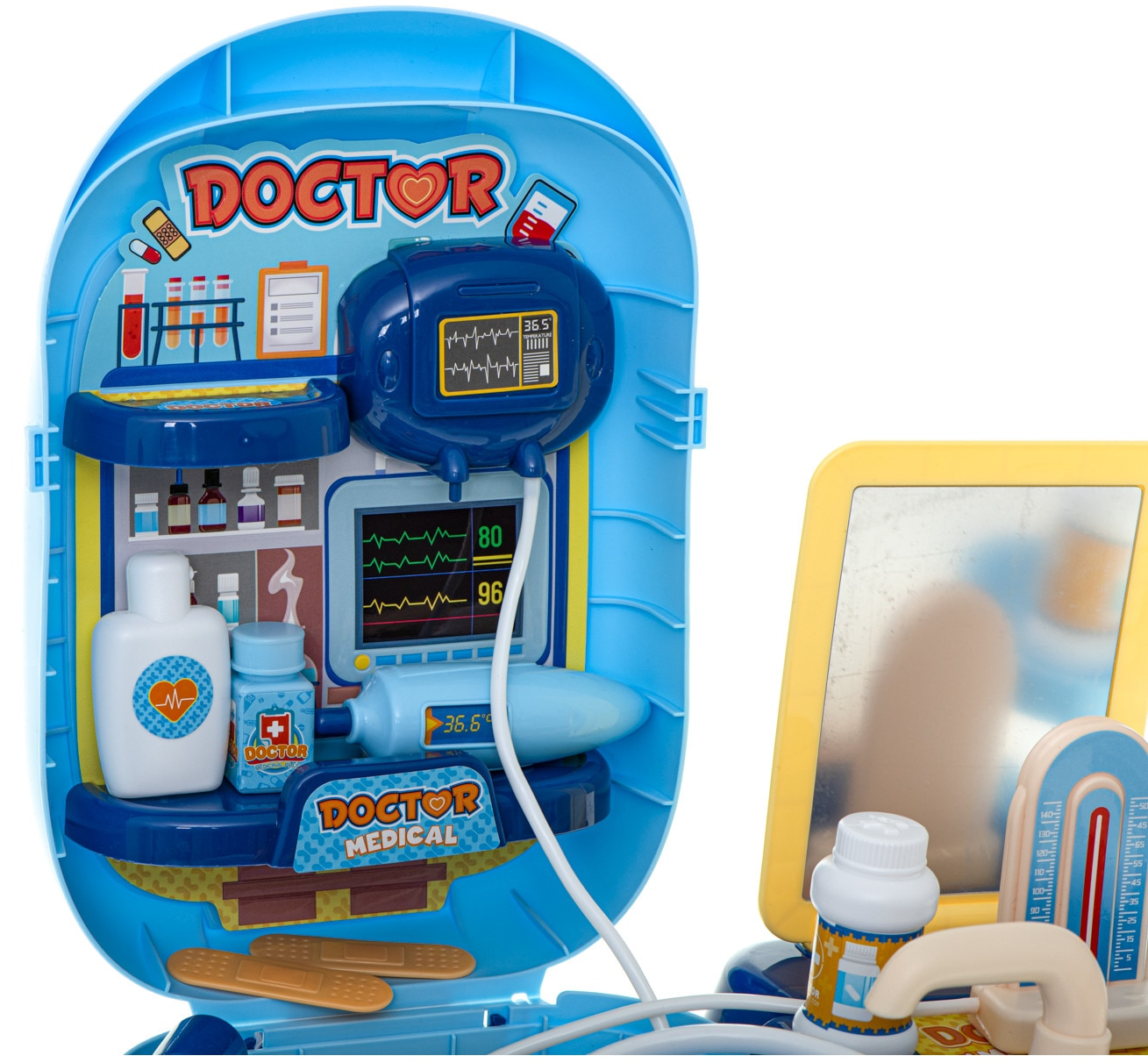 Trusa Medicala idealStore Rescue Doctor, Contine toate intrumentele de Prim Ajutor, Medicamente, Ustensile pentru Pediatrie si Ortopedie, Recipiente, Etichete Autocolante, 34 componente, stil Valiza