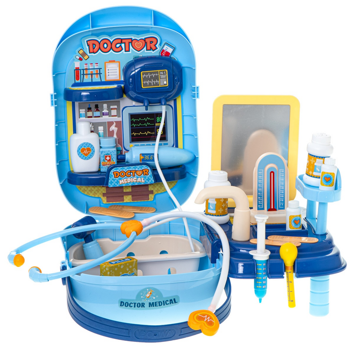 Trusa Medicala idealStore Rescue Doctor, Contine toate intrumentele de Prim Ajutor, Medicamente, Ustensile pentru Pediatrie si Ortopedie, Recipiente, Etichete Autocolante, 34 componente, stil Valiza