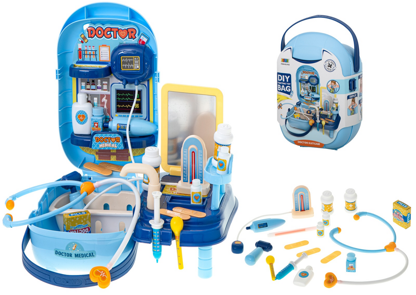 Trusa Medicala idealStore Rescue Doctor, Contine toate intrumentele de Prim Ajutor, Medicamente, Ustensile pentru Pediatrie si Ortopedie, Recipiente, Etichete Autocolante, 34 componente, stil Valiza