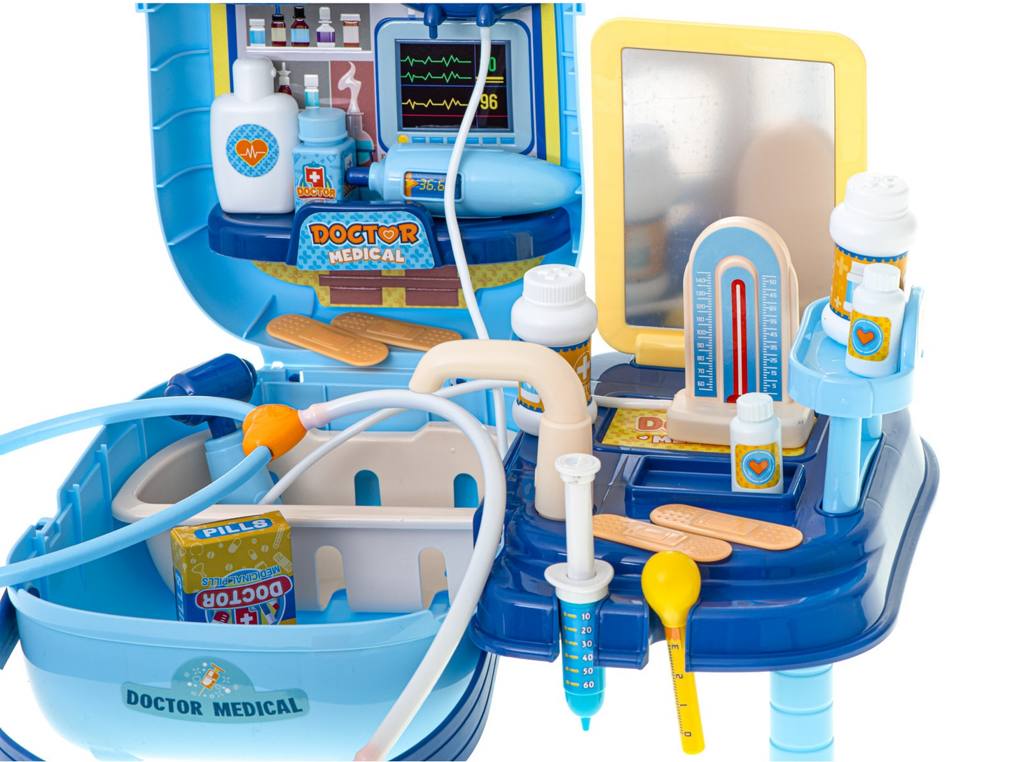 Trusa Medicala idealStore Rescue Doctor, Contine toate intrumentele de Prim Ajutor, Medicamente, Ustensile pentru Pediatrie si Ortopedie, Recipiente, Etichete Autocolante, 34 componente, stil Valiza