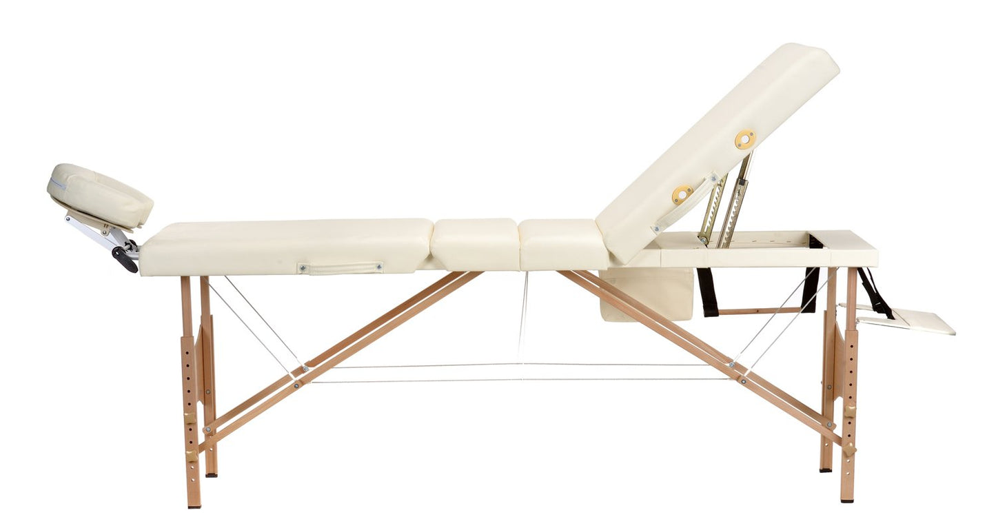 Masa de masaj pliabila idealSTORE, 4 segmente, Inaltime reglabila 59-85 cm, Piele ecologica moale, 2 cotiere laterale, Cotiera in fata, Structura din lemn, Sarcina 250 KG, Rezistenta la uleiuri si apa, Include geanta de transport cadou