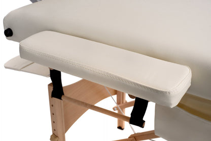 Masa de masaj pliabila idealSTORE, 4 segmente, Inaltime reglabila 59-85 cm, Piele ecologica moale, 2 cotiere laterale, Cotiera in fata, Structura din lemn, Sarcina 250 KG, Rezistenta la uleiuri si apa, Include geanta de transport cadou