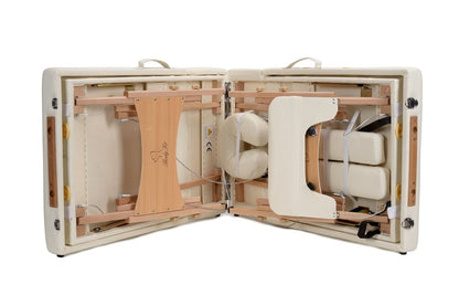 Masa de masaj pliabila idealSTORE, 4 segmente, Inaltime reglabila 59-85 cm, Piele ecologica moale, 2 cotiere laterale, Cotiera in fata, Structura din lemn, Sarcina 250 KG, Rezistenta la uleiuri si apa, Include geanta de transport cadou