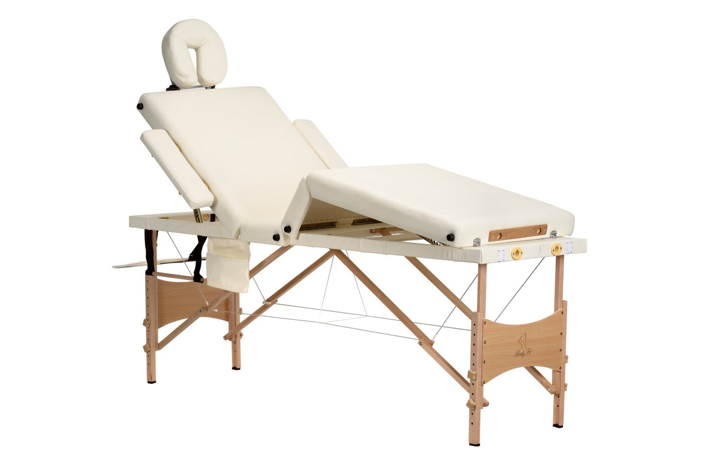 Masa de masaj pliabila idealSTORE, 4 segmente, Inaltime reglabila 59-85 cm, Piele ecologica moale, 2 cotiere laterale, Cotiera in fata, Structura din lemn, Sarcina 250 KG, Rezistenta la uleiuri si apa, Include geanta de transport cadou