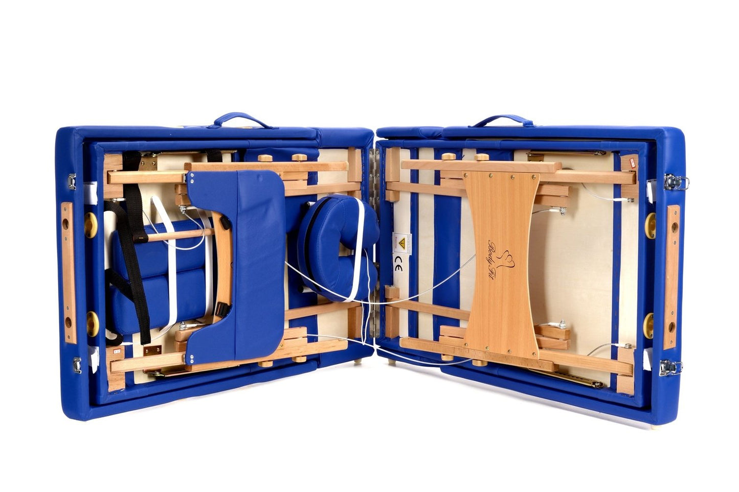 Masa de masaj pliabila idealSTORE, 4 segmente, Inaltime reglabila 59-85 cm, Piele ecologica moale, 2 cotiere laterale, Tetiera, Structura din lemn, Sarcina 250 KG, Rezistenta la uleiuri si apa, Include geanta de transport cadou, Culoare Albastra