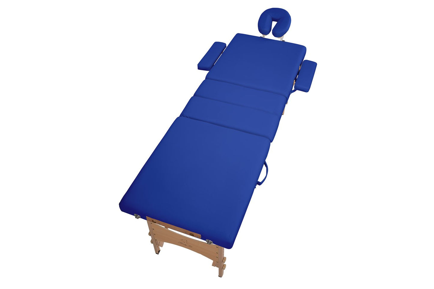 Masa de masaj pliabila idealSTORE, 4 segmente, Inaltime reglabila 59-85 cm, Piele ecologica moale, 2 cotiere laterale, Tetiera, Structura din lemn, Sarcina 250 KG, Rezistenta la uleiuri si apa, Include geanta de transport cadou, Culoare Albastra