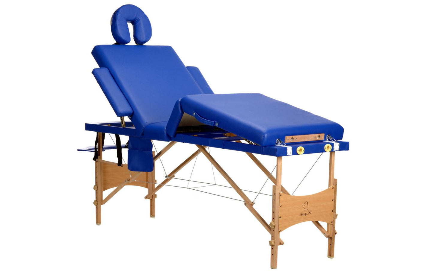 Masa de masaj pliabila idealSTORE, 4 segmente, Inaltime reglabila 59-85 cm, Piele ecologica moale, 2 cotiere laterale, Tetiera, Structura din lemn, Sarcina 250 KG, Rezistenta la uleiuri si apa, Include geanta de transport cadou, Culoare Albastra