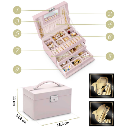 Cutie de bijuterii din Piele ecologica Roz Pudra Box Jewelry ideal STORE, Cu cheita pentru inchidere, Oglinda, Compartimentata pe 3 nivele, Dimensiune 18.6 X 14.8 X 11 cm, Functie de blocare impotriva deschiderii accidentale