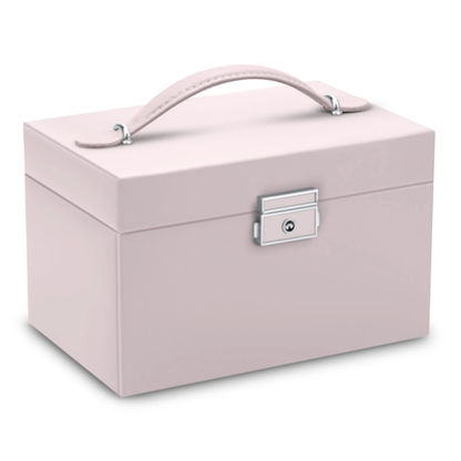 Cutie de bijuterii din Piele ecologica Roz Pudra Box Jewelry ideal STORE, Cu cheita pentru inchidere, Oglinda, Compartimentata pe 3 nivele, Dimensiune 18.6 X 14.8 X 11 cm, Functie de blocare impotriva deschiderii accidentale