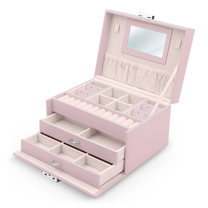Cutie de bijuterii din Piele ecologica Roz Pudra Box Jewelry ideal STORE, Cu cheita pentru inchidere, Oglinda, Compartimentata pe 3 nivele, Dimensiune 18.6 X 14.8 X 11 cm, Functie de blocare impotriva deschiderii accidentale