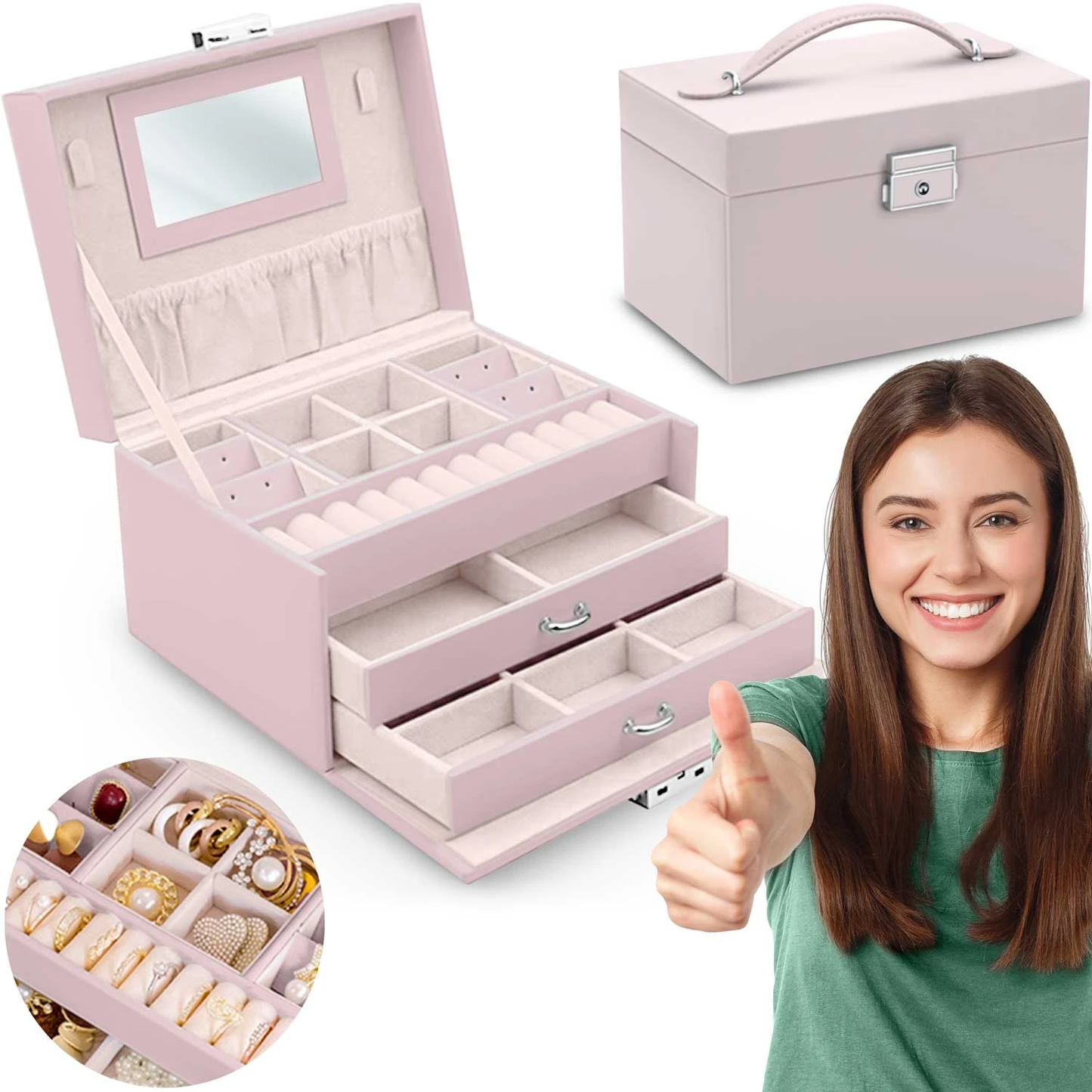 Cutie de bijuterii din Piele ecologica Roz Pudra Box Jewelry ideal STORE, Cu cheita pentru inchidere, Oglinda, Compartimentata pe 3 nivele, Dimensiune 18.6 X 14.8 X 11 cm, Functie de blocare impotriva deschiderii accidentale