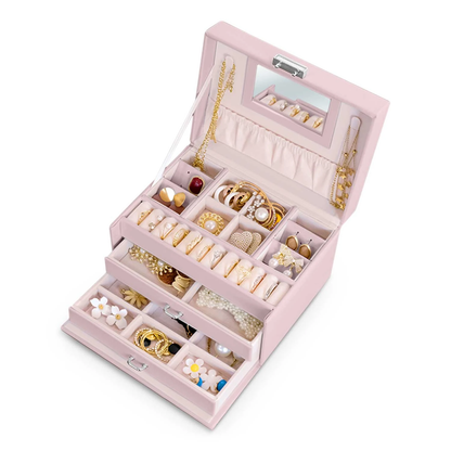 Cutie de bijuterii din Piele ecologica Roz Pudra Box Jewelry ideal STORE, Cu cheita pentru inchidere, Oglinda, Compartimentata pe 3 nivele, Dimensiune 18.6 X 14.8 X 11 cm, Functie de blocare impotriva deschiderii accidentale