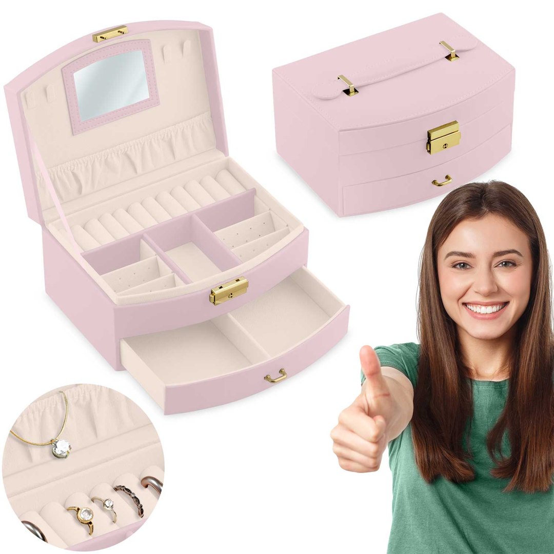 Cutie de Bijuterii idealSTORE, Dimensiuni 20,5 x 13,5 x 10,5 cm, Include Oglinda, Incuietoare, Organizator pe 2 nivele, Spatiu pentru inele, Cercei, Umerase pentru Colier, Piele Ecologica, Rezistenta la Socuri, Maner pentru Transport, Design Rafinat