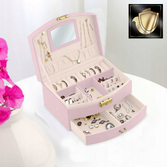 Cutie de Bijuterii idealSTORE, Dimensiuni 20,5 x 13,5 x 10,5 cm, Include Oglinda, Incuietoare, Organizator pe 2 nivele, Spatiu pentru inele, Cercei, Umerase pentru Colier, Piele Ecologica, Rezistenta la Socuri, Maner pentru Transport, Design Rafinat