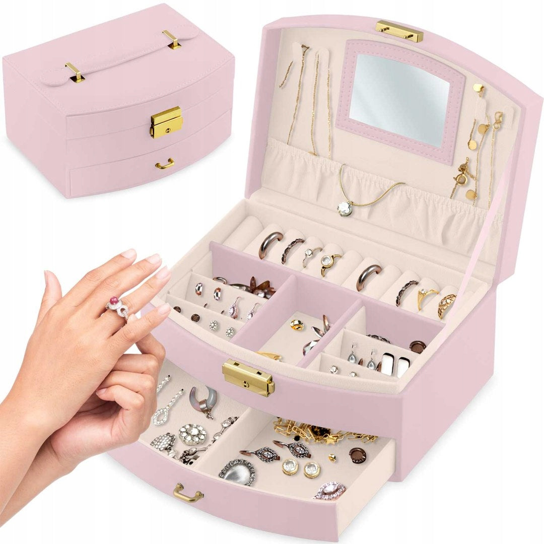 Cutie de Bijuterii idealSTORE, Dimensiuni 20,5 x 13,5 x 10,5 cm, Include Oglinda, Incuietoare, Organizator pe 2 nivele, Spatiu pentru inele, Cercei, Umerase pentru Colier, Piele Ecologica, Rezistenta la Socuri, Maner pentru Transport, Design Rafinat