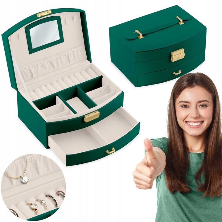 Cutie de Bijuterii idealSTORE, Dimensiuni 20,5 x 13,5 x 10,5 cm, Include Oglinda, Incuietoare, Organizator pe 2 nivele Spatiu pentru inele, Cercei, Umerase pentru Colier, Piele Ecologica, Rezistenta la Socuri, Maner pentru Transport, Design Rafinat