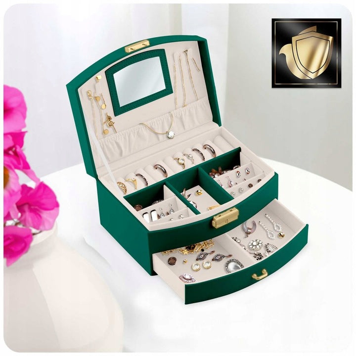 Cutie de Bijuterii idealSTORE, Dimensiuni 20,5 x 13,5 x 10,5 cm, Include Oglinda, Incuietoare, Organizator pe 2 nivele Spatiu pentru inele, Cercei, Umerase pentru Colier, Piele Ecologica, Rezistenta la Socuri, Maner pentru Transport, Design Rafinat