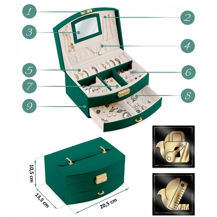 Cutie de Bijuterii idealSTORE, Dimensiuni 20,5 x 13,5 x 10,5 cm, Include Oglinda, Incuietoare, Organizator pe 2 nivele Spatiu pentru inele, Cercei, Umerase pentru Colier, Piele Ecologica, Rezistenta la Socuri, Maner pentru Transport, Design Rafinat
