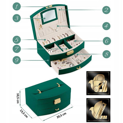 Cutie de Bijuterii idealSTORE, Dimensiuni 20,5 x 13,5 x 10,5 cm, Include Oglinda, Incuietoare, Organizator pe 2 nivele Spatiu pentru inele, Cercei, Umerase pentru Colier, Piele Ecologica, Rezistenta la Socuri, Maner pentru Transport, Design Rafinat