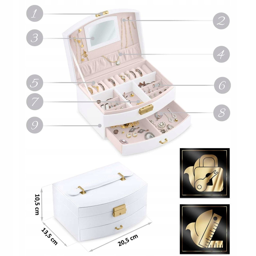 Cutie de Bijuterii idealSTORE, Dimensiuni 20, 5 x 13, 5 x 10, 5 cm, Include Oglinda, Incuietoare, Organizator pe 2 nivele Spatiu pentru inele, Cercei, Umerase pentru Colier, Piele Ecologica, Rezistenta la Socuri, Maner pentru Transport, Design Rafinat
