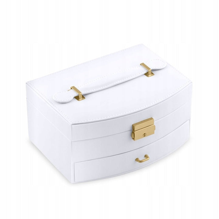 Cutie de Bijuterii idealSTORE, Dimensiuni 20, 5 x 13, 5 x 10, 5 cm, Include Oglinda, Incuietoare, Organizator pe 2 nivele Spatiu pentru inele, Cercei, Umerase pentru Colier, Piele Ecologica, Rezistenta la Socuri, Maner pentru Transport, Design Rafinat
