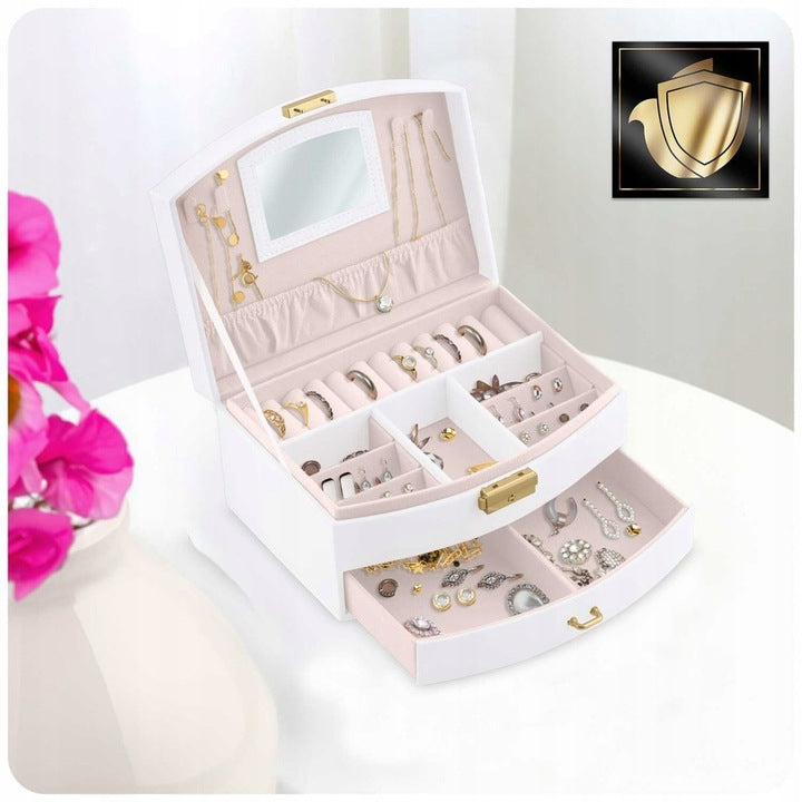 Cutie de Bijuterii idealSTORE, Dimensiuni 20, 5 x 13, 5 x 10, 5 cm, Include Oglinda, Incuietoare, Organizator pe 2 nivele Spatiu pentru inele, Cercei, Umerase pentru Colier, Piele Ecologica, Rezistenta la Socuri, Maner pentru Transport, Design Rafinat