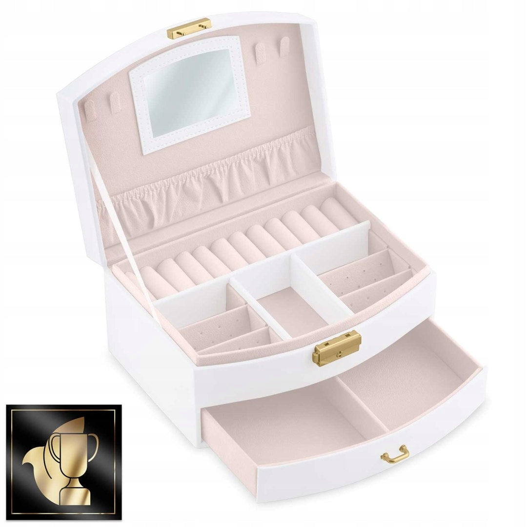 Cutie de Bijuterii idealSTORE, Dimensiuni 20, 5 x 13, 5 x 10, 5 cm, Include Oglinda, Incuietoare, Organizator pe 2 nivele Spatiu pentru inele, Cercei, Umerase pentru Colier, Piele Ecologica, Rezistenta la Socuri, Maner pentru Transport, Design Rafinat