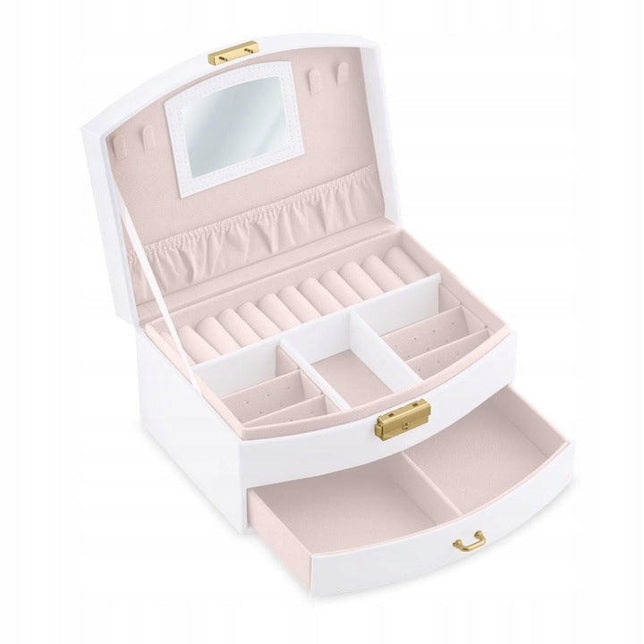 Cutie de Bijuterii idealSTORE, Dimensiuni 20, 5 x 13, 5 x 10, 5 cm, Include Oglinda, Incuietoare, Organizator pe 2 nivele Spatiu pentru inele, Cercei, Umerase pentru Colier, Piele Ecologica, Rezistenta la Socuri, Maner pentru Transport, Design Rafinat