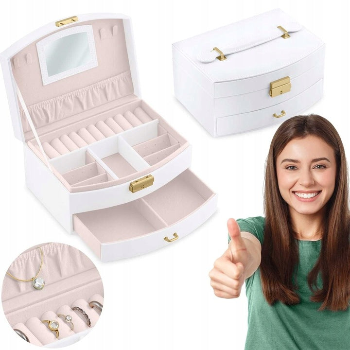 Cutie de Bijuterii idealSTORE, Dimensiuni 20, 5 x 13, 5 x 10, 5 cm, Include Oglinda, Incuietoare, Organizator pe 2 nivele Spatiu pentru inele, Cercei, Umerase pentru Colier, Piele Ecologica, Rezistenta la Socuri, Maner pentru Transport, Design Rafinat