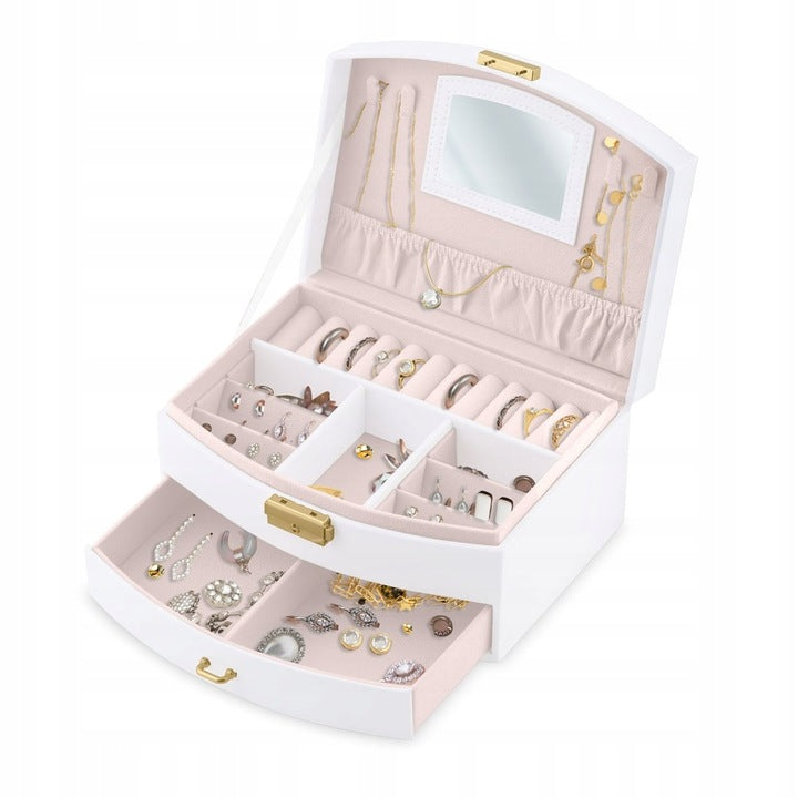 Cutie de Bijuterii idealSTORE, Dimensiuni 20, 5 x 13, 5 x 10, 5 cm, Include Oglinda, Incuietoare, Organizator pe 2 nivele Spatiu pentru inele, Cercei, Umerase pentru Colier, Piele Ecologica, Rezistenta la Socuri, Maner pentru Transport, Design Rafinat