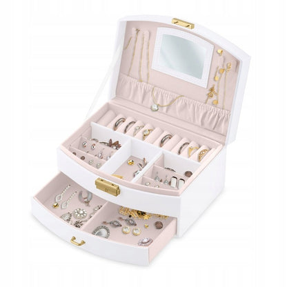 Cutie de Bijuterii idealSTORE, Dimensiuni 20, 5 x 13, 5 x 10, 5 cm, Include Oglinda, Incuietoare, Organizator pe 2 nivele Spatiu pentru inele, Cercei, Umerase pentru Colier, Piele Ecologica, Rezistenta la Socuri, Maner pentru Transport, Design Rafinat