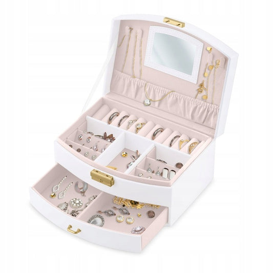 Cutie de Bijuterii idealSTORE, Dimensiuni 20, 5 x 13, 5 x 10, 5 cm, Include Oglinda, Incuietoare, Organizator pe 2 nivele Spatiu pentru inele, Cercei, Umerase pentru Colier, Piele Ecologica, Rezistenta la Socuri, Maner pentru Transport, Design Rafinat