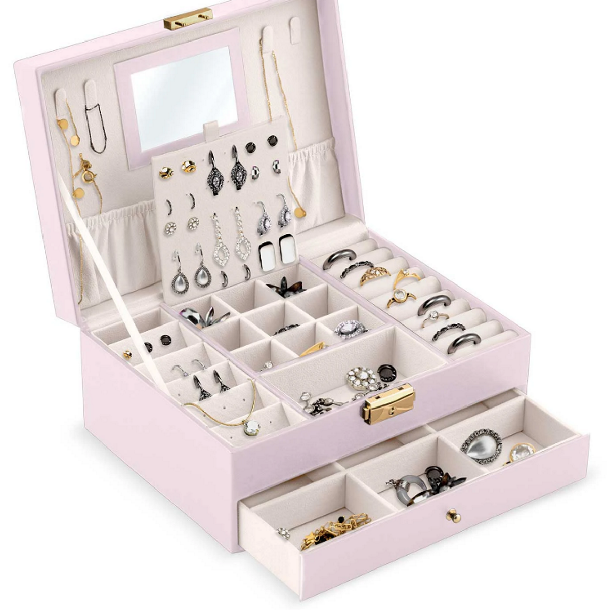 Cutie de Bijuterii idealSTORE, Dimensiuni 23 x 17 x 10,7 cm, Include Oglinda, Incuietoare, Organizator pe 2 nivele, Spatiu pentru inele, Cercei, Umerase pentru Colier, Piele Ecologica, Rezistenta la Socuri, Transport, Design Rafinat