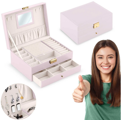 Cutie de Bijuterii idealSTORE, Dimensiuni 23 x 17 x 10,7 cm, Include Oglinda, Incuietoare, Organizator pe 2 nivele, Spatiu pentru inele, Cercei, Umerase pentru Colier, Piele Ecologica, Rezistenta la Socuri, Transport, Design Rafinat