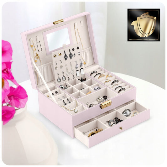 Cutie de Bijuterii idealSTORE, Dimensiuni 23 x 17 x 10,7 cm, Include Oglinda, Incuietoare, Organizator pe 2 nivele, Spatiu pentru inele, Cercei, Umerase pentru Colier, Piele Ecologica, Rezistenta la Socuri, Transport, Design Rafinat