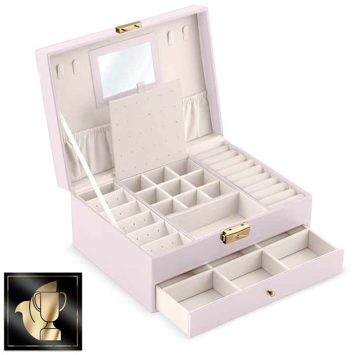 Cutie de Bijuterii idealSTORE, Dimensiuni 23 x 17 x 10,7 cm, Include Oglinda, Incuietoare, Organizator pe 2 nivele, Spatiu pentru inele, Cercei, Umerase pentru Colier, Piele Ecologica, Rezistenta la Socuri, Transport, Design Rafinat