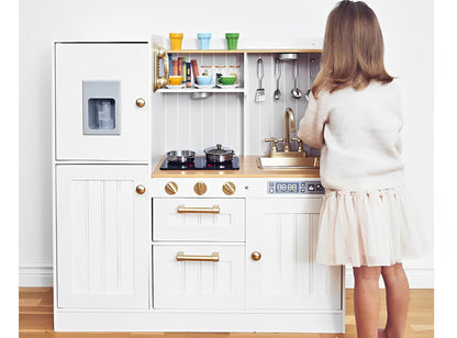 Bucatarie din Lemn Premium pentru copii Little Chef IdealStore, Dimensiune 88 x 30 x 103 cm, Iluminata LED, Sunete realiste, Compartimentata cu frigider si aparat de facut gheata, Accesorizata cu ustensilele necesare micului bucatar