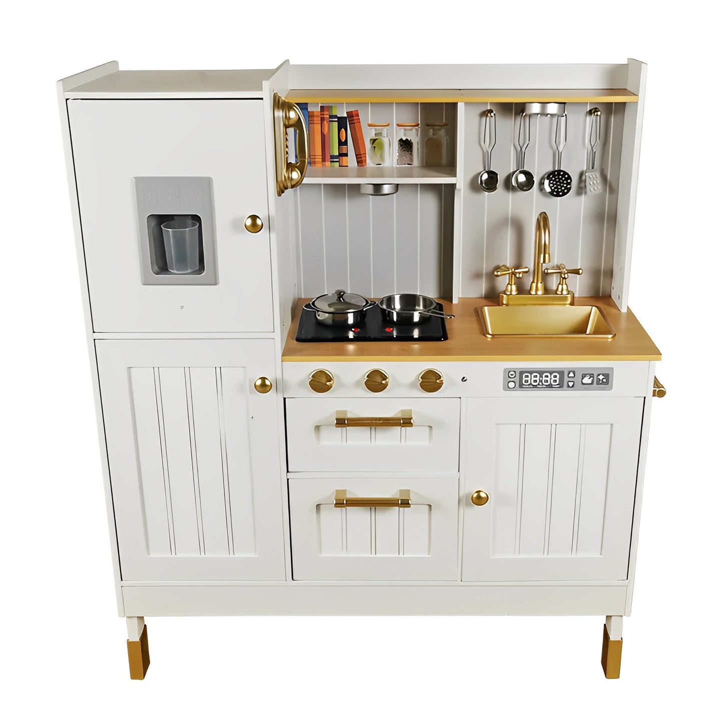 Bucatarie din Lemn Premium pentru copii Little Chef IdealStore, Dimensiune 88 x 30 x 103 cm, Iluminata LED, Sunete realiste, Compartimentata cu frigider si aparat de facut gheata, Accesorizata cu ustensilele necesare micului bucatar