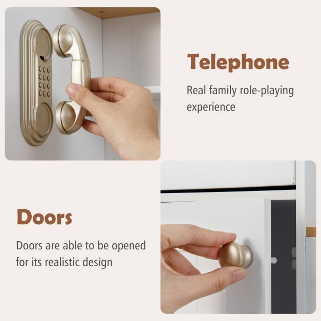 Bucatarie din Lemn Premium pentru copii Little Chef IdealStore, Dimensiune 88 x 30 x 103 cm, Iluminata LED, Sunete realiste, Compartimentata cu frigider si aparat de facut gheata, Accesorizata cu ustensilele necesare micului bucatar