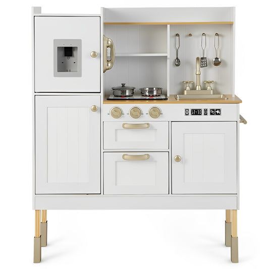 Bucatarie din Lemn Premium pentru copii Little Chef IdealStore, Dimensiune 88 x 30 x 103 cm, Iluminata LED, Sunete realiste, Compartimentata cu frigider si aparat de facut gheata, Accesorizata cu ustensilele necesare micului bucatar